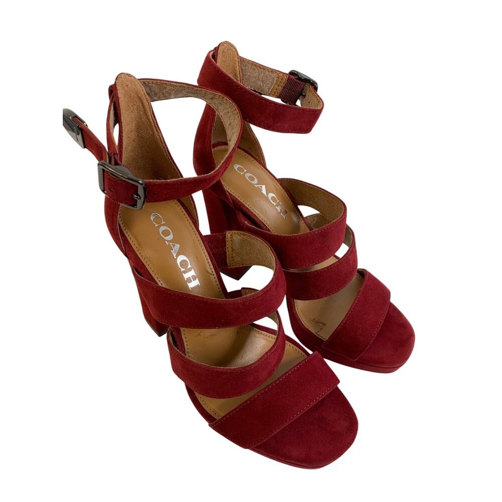 Coach Marina Red Suede Strappy High Heel Platform Sandals Size 5B - Picture 2 of 12